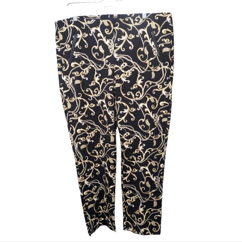 Chico's Black Gold Patterned Pocket Skinny Pull On Pants Women's Size 3 - 16